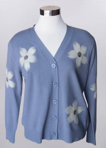 Button-Up Cardigan with Floral Applique | V-Neck Long Sleeve Cardigan
