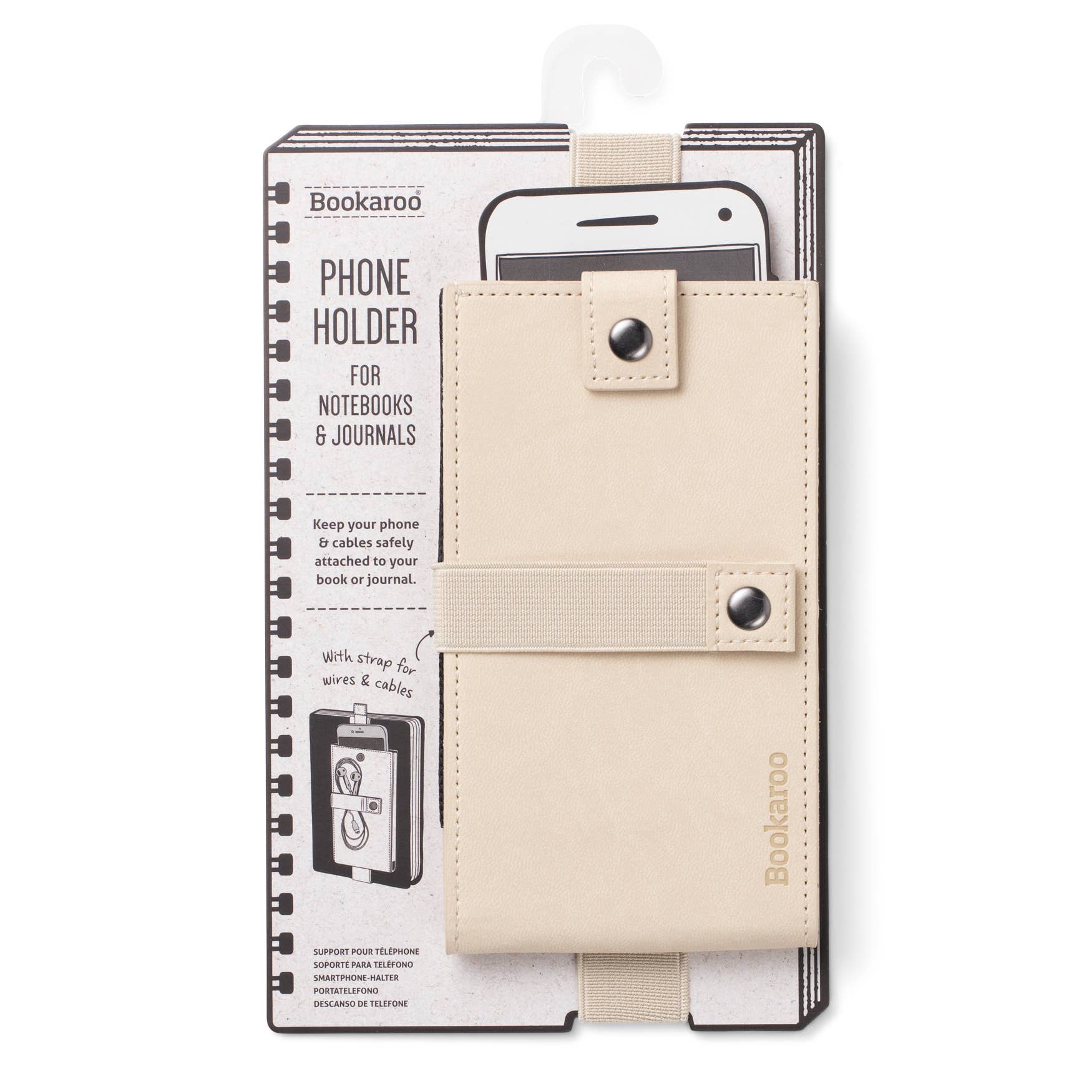 Bookaroo Phone Holder beige strap for notebooks and journals with phone pocket and elastic band