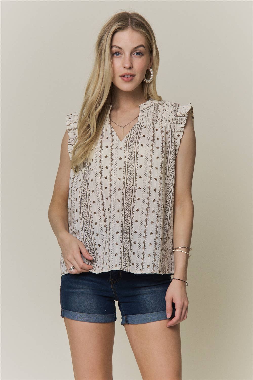 Boho Print Ruffle Cap Sleeve Blouse