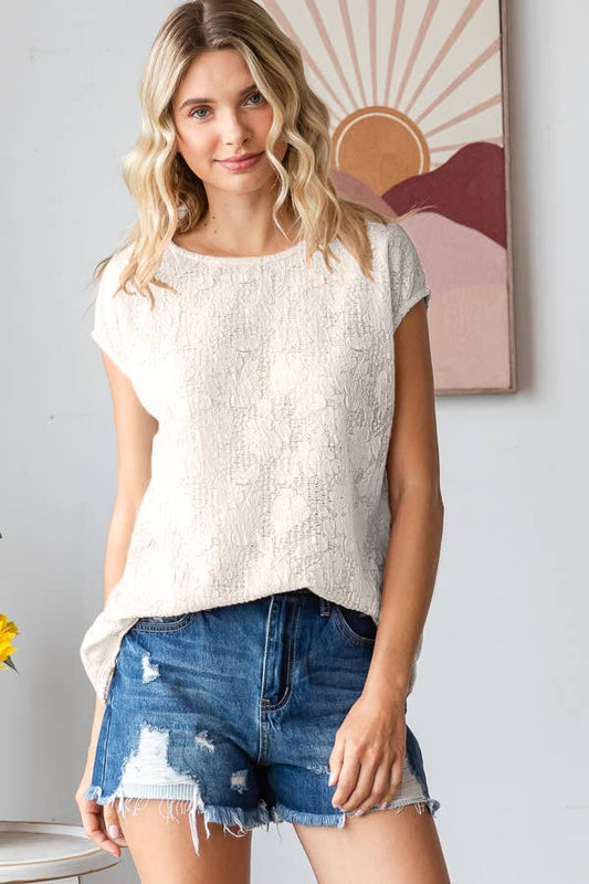 All Over Cream Floral Semi-Sheer Lace Short Sleeve Top 7th Ray