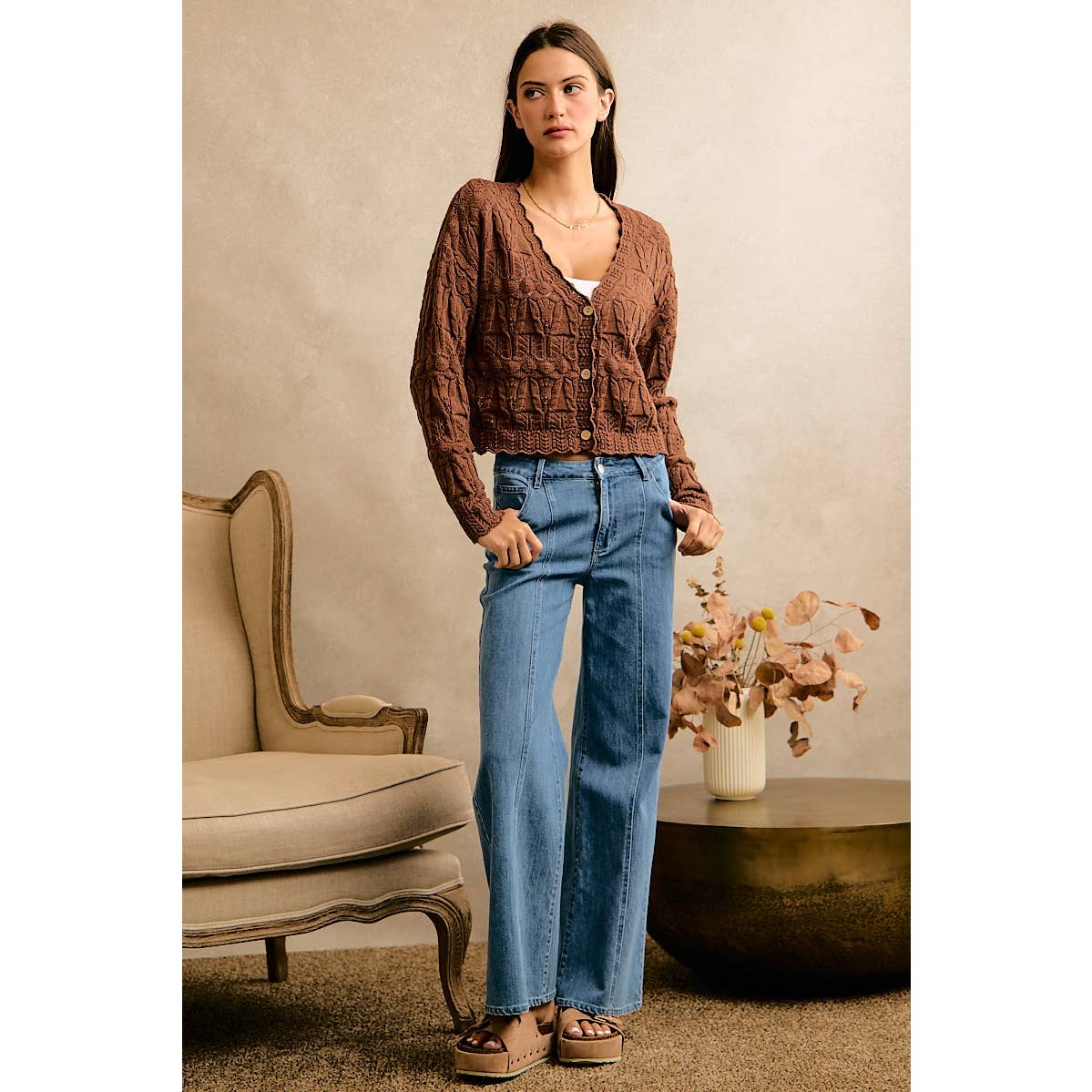 Textured Scallop Edge Button Cardigan Sweater