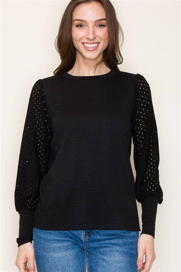 Black Crew Neck Seersucker Top with Puff Eyelet Laced Long Sleeves Fall-Winter STACCATO