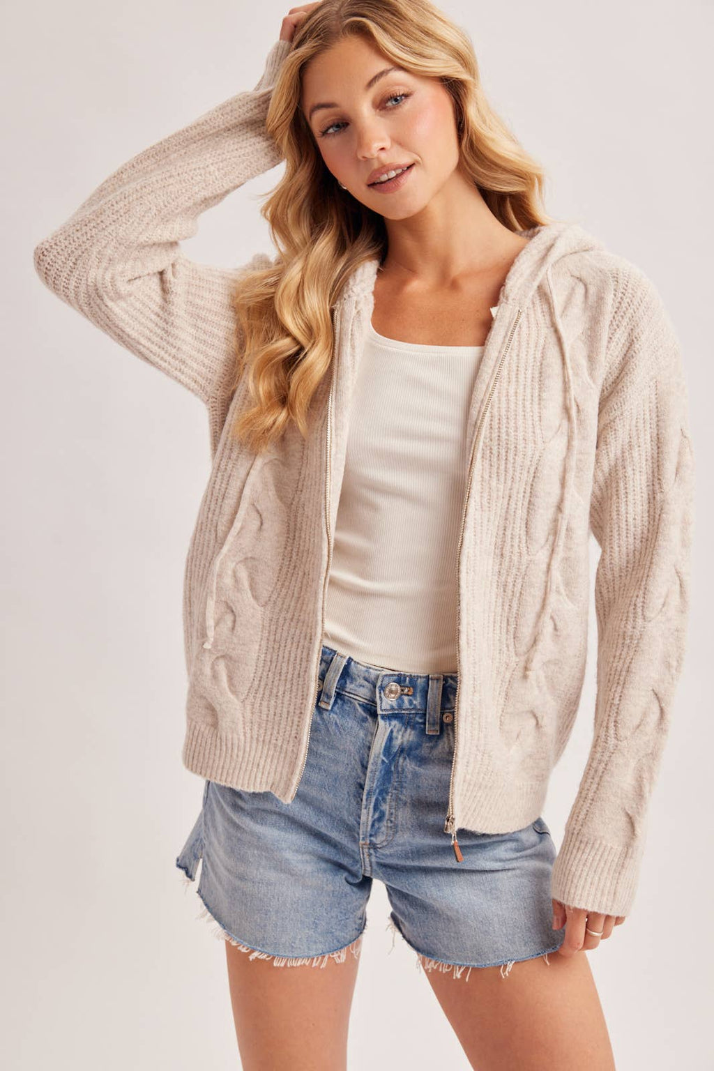 CABLE KNIT SWEATER CARDIGAN WITH HOOD