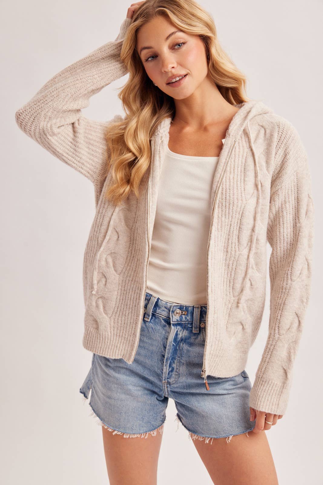 CABLE KNIT SWEATER CARDIGAN WITH HOOD
