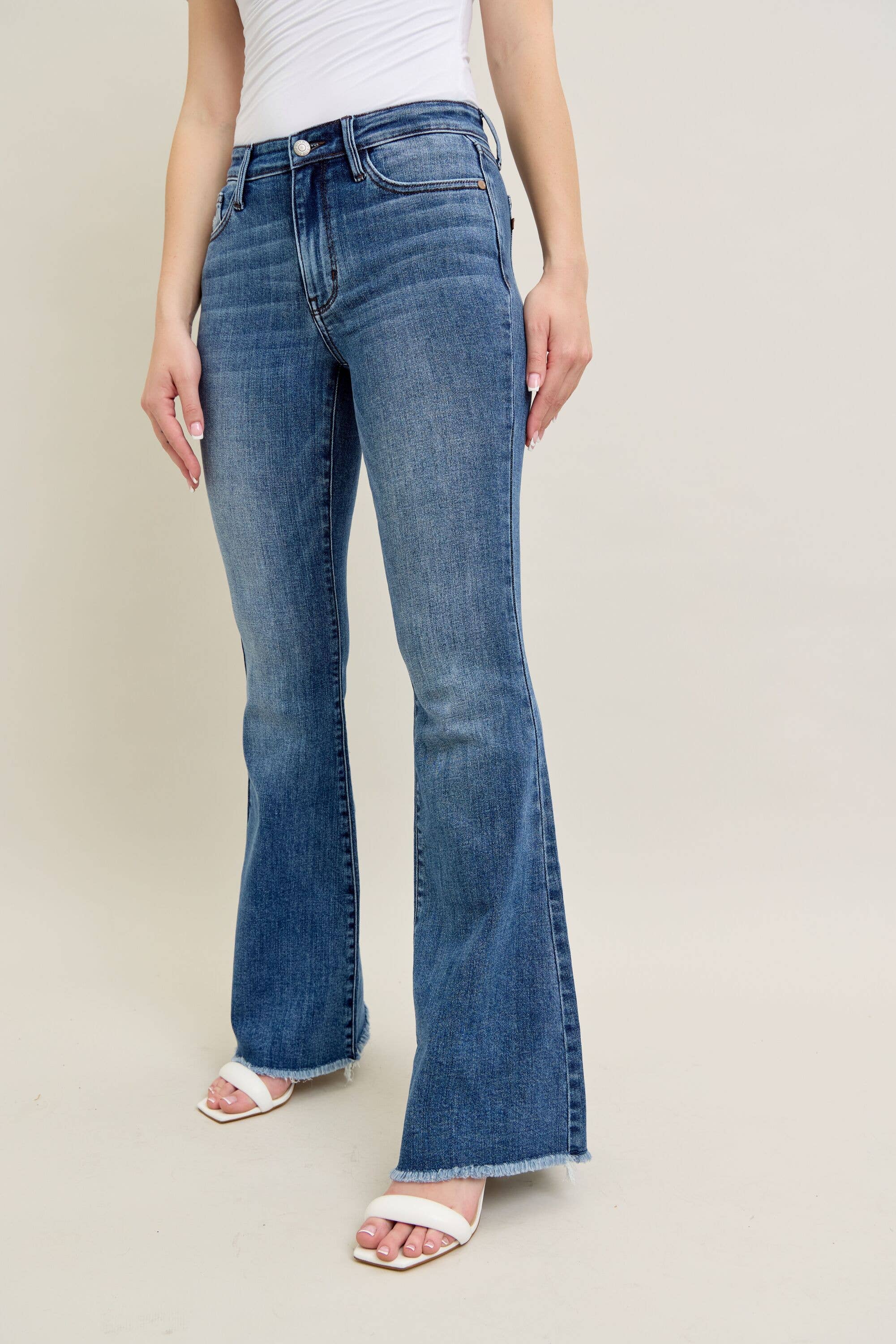 Mid Rise Vintage Wash Flare w/ Distressed and Fray Hem