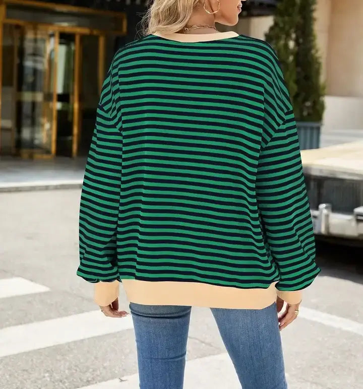 Striped Crew Neck Contrast Color Loose Long Sleeve Sweater