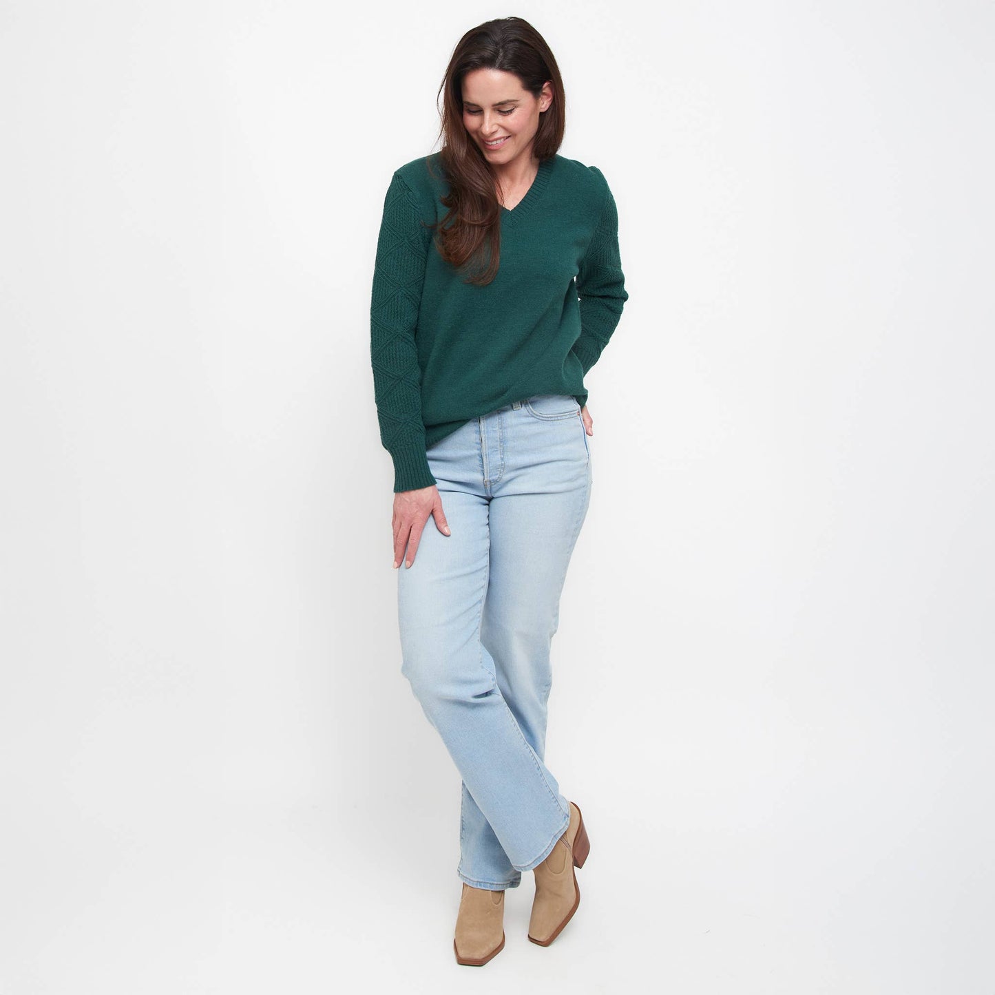 Elsie & Zoey - Emery Diamond Crochet Sleeve V-Neck Sweater