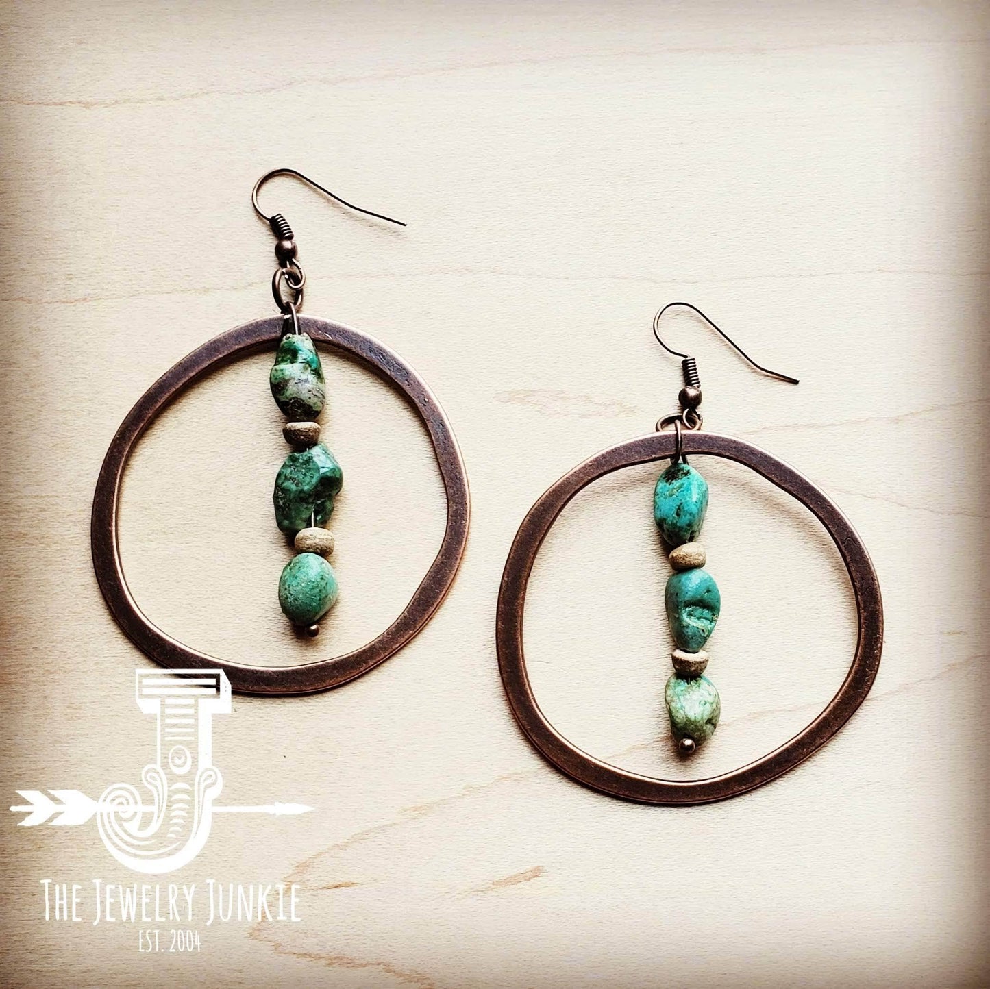 Copper Hoop Earrings with Natural Turquoise and Wood Spring-Summer The Jewelry Junkie