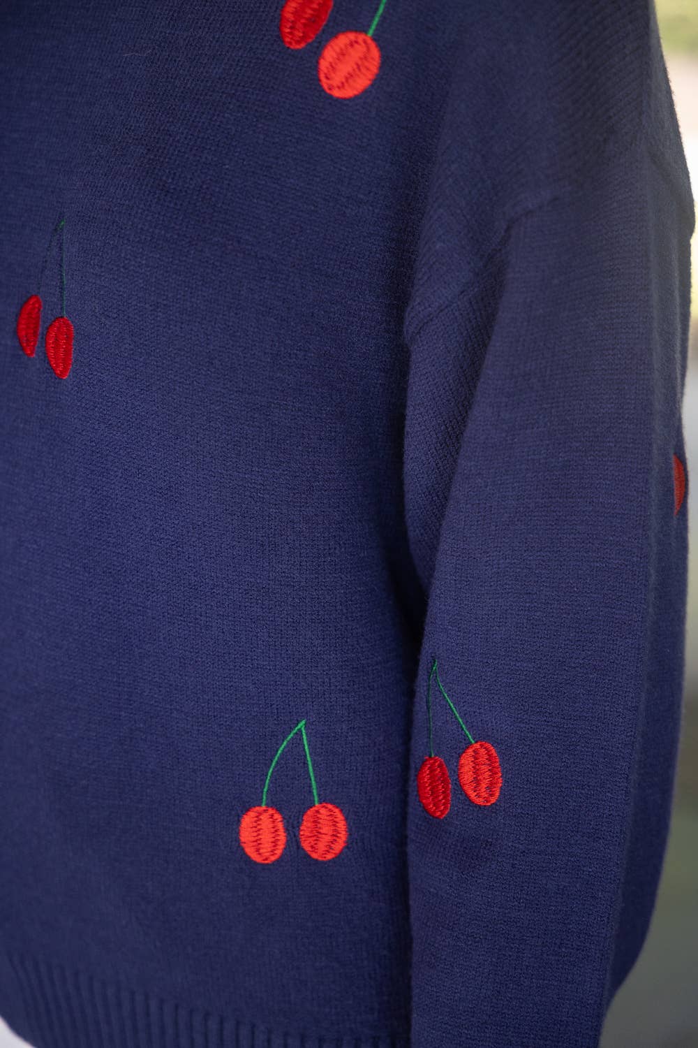 Navy with Cherry Embroidered Long Sleeve Sweater Fall-Winter VOY