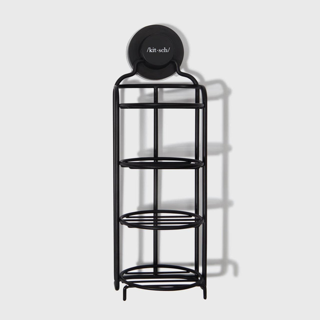 Black self-draining shower caddy with multiple tiers, wall mount and free-standing legs, eco-friendly and rust-proof design.