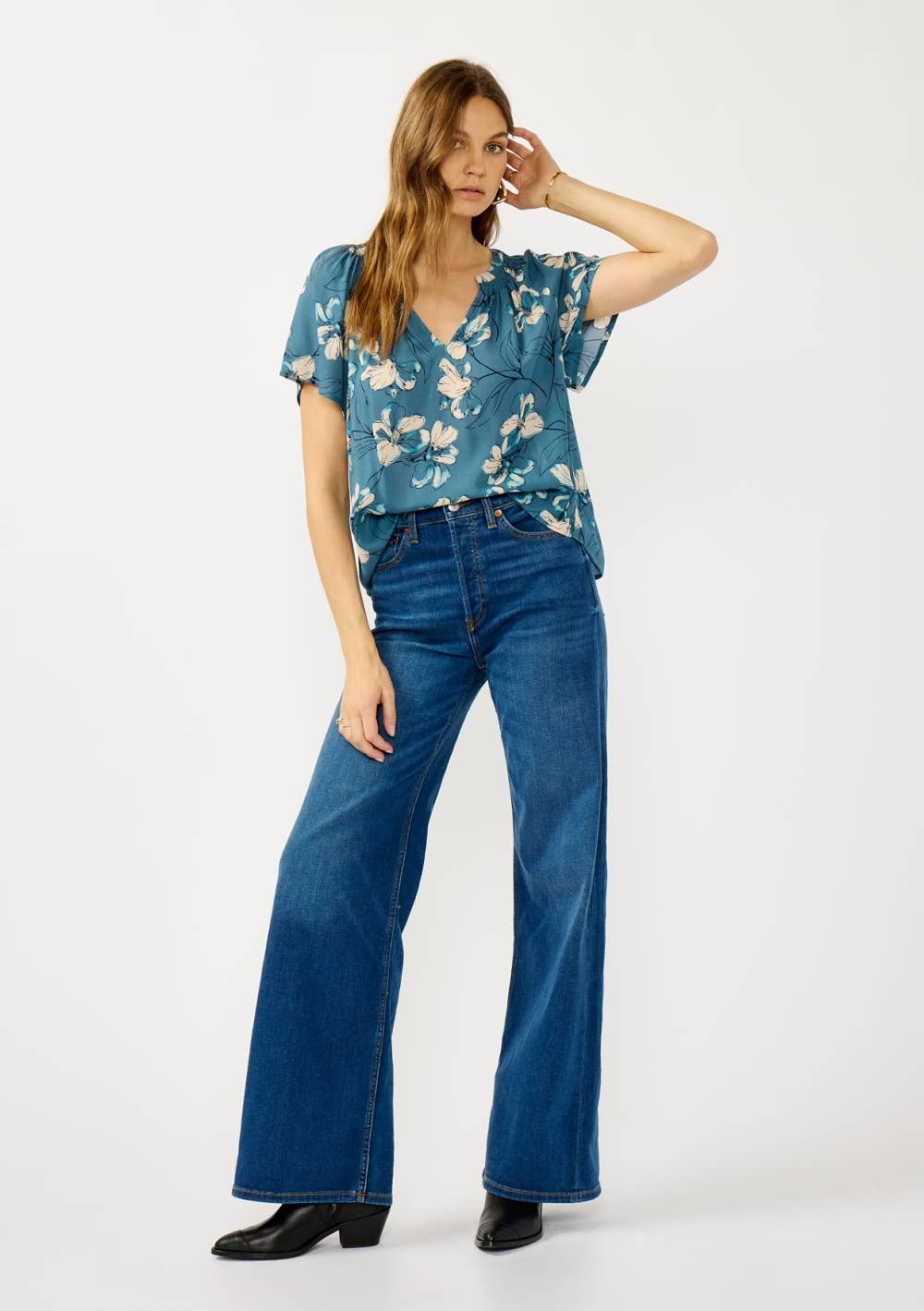 Floral Blouse - Teal Smocked Split-Neck Short Sleeve | 100% Rayon