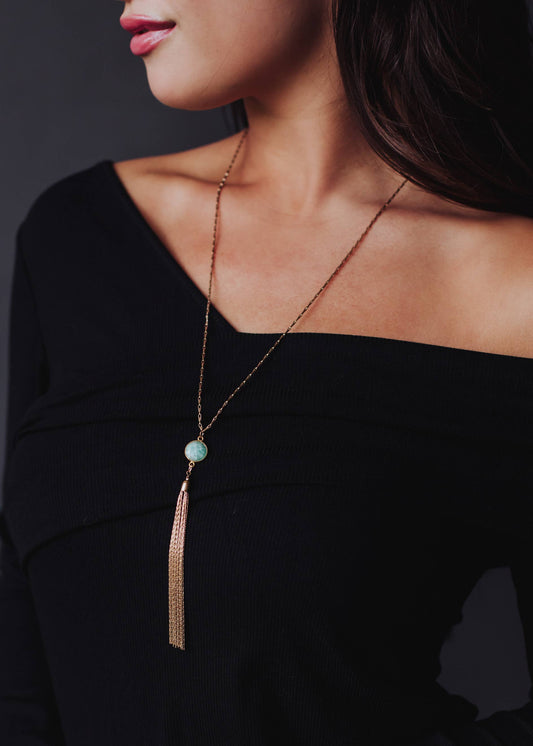 Long Gold Necklace with Aqua Pendant Panache Apparel Co.