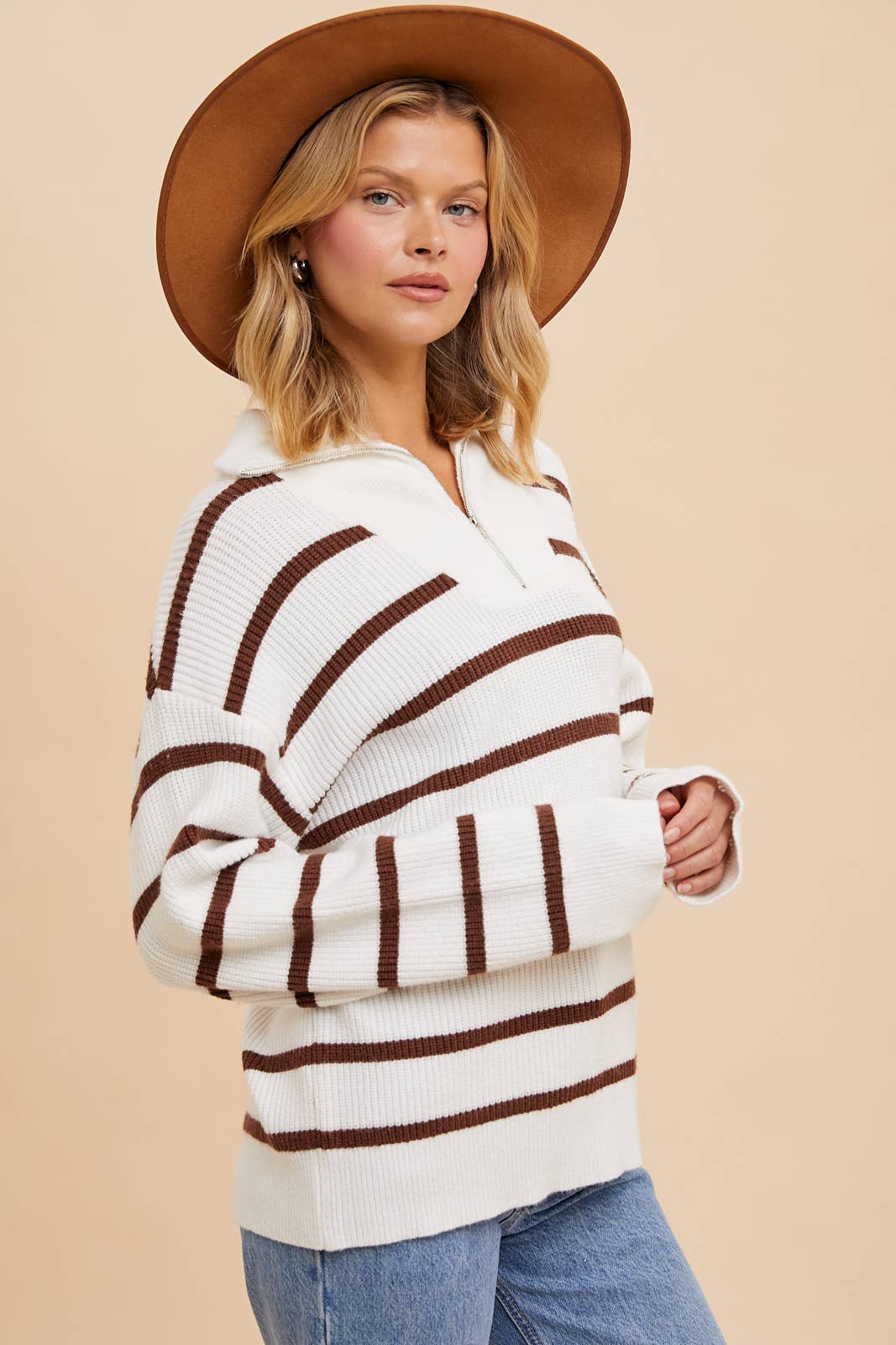 CREME/LATTE STRIPED HALF ZIP KNITTED PULLOVER Fall-Winter In Loom