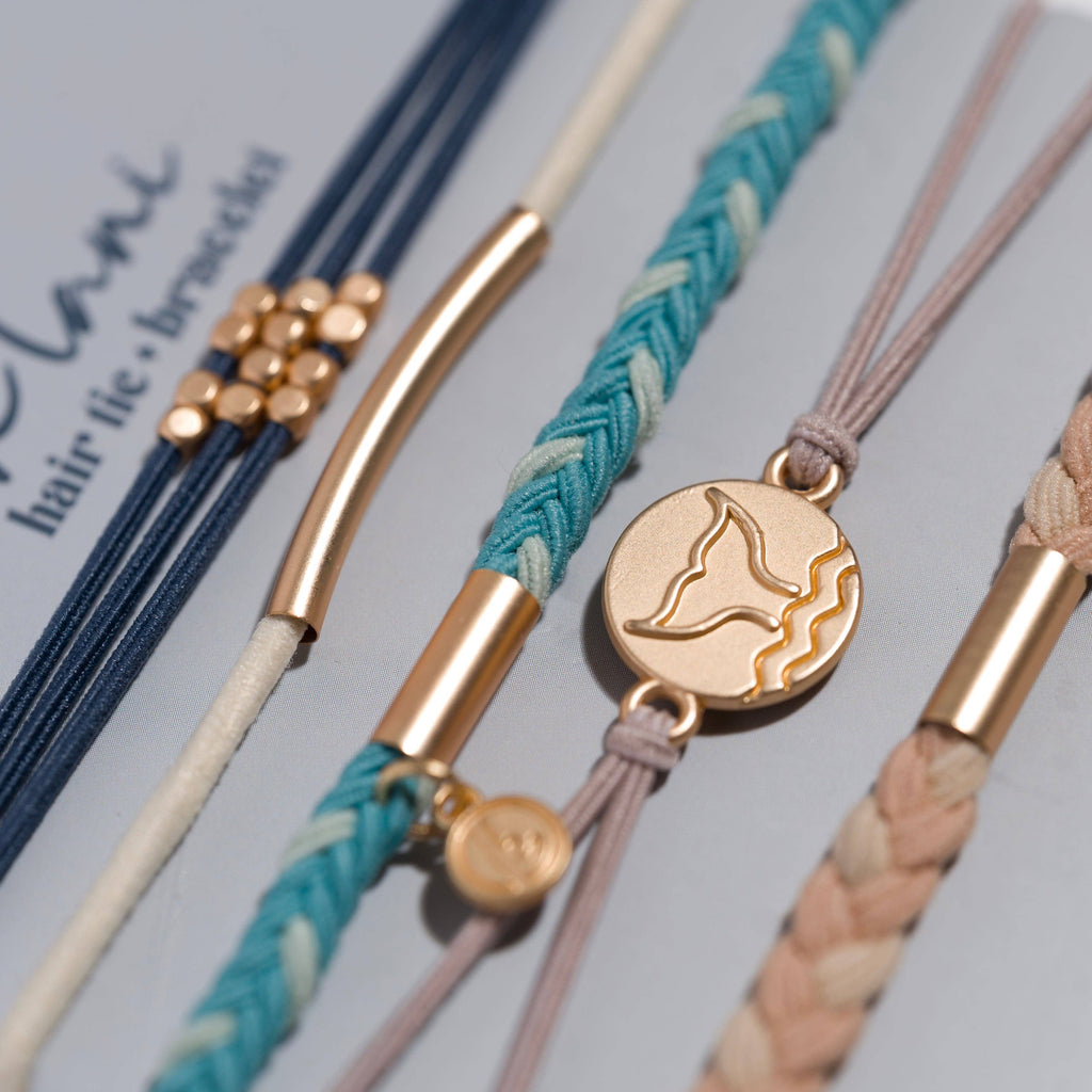 K'lani hair tie bracelets - "Protect" Beachy Blues and Sands with Whale Charm Hair Tie Bracelets