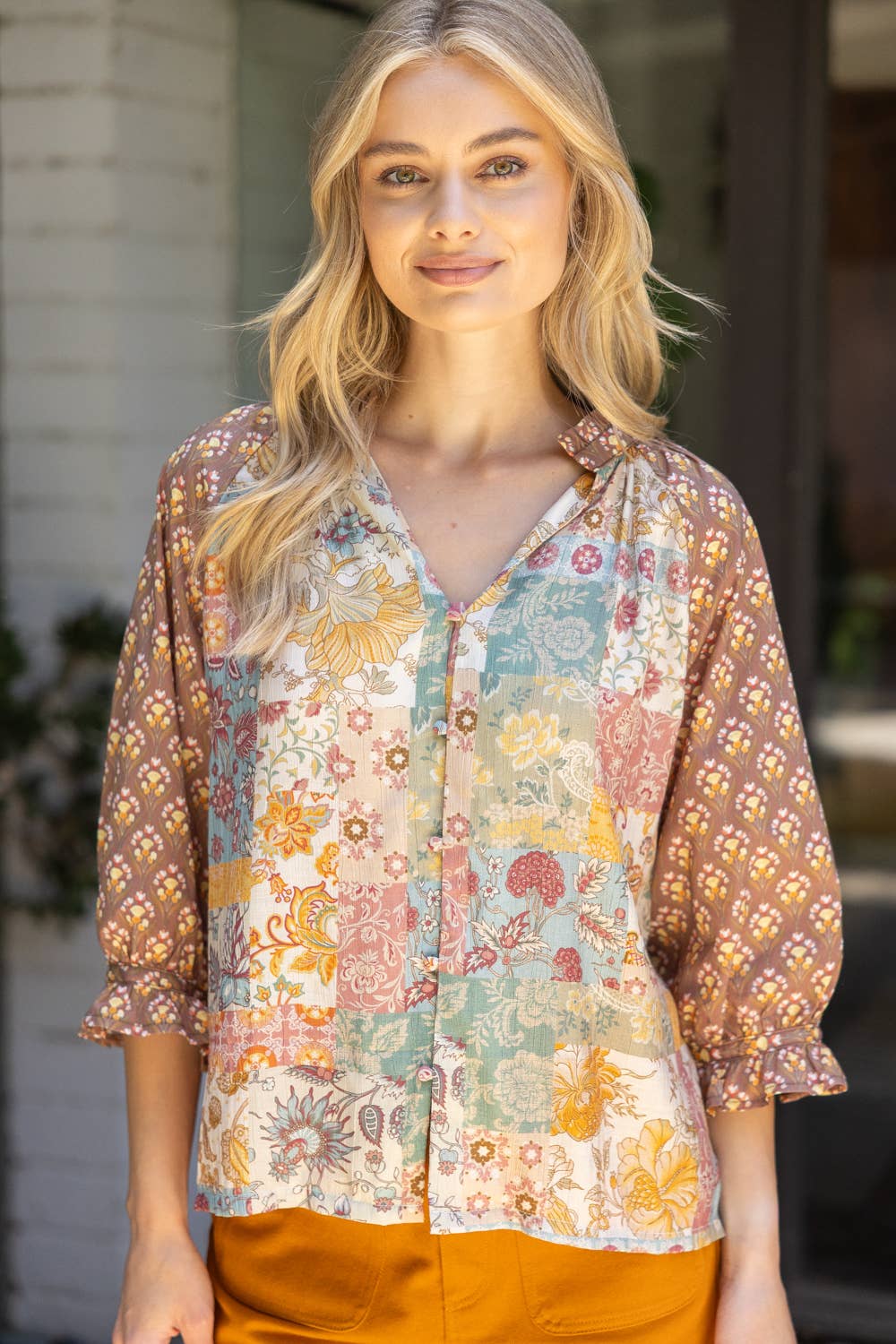 Raglan Top | Floral Mixed Print – Casual V-Neck Ruffle Sleeve