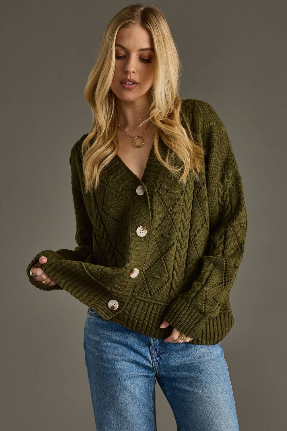 Button Up Cardigan - Olive Knit Cardigan with Front Button Closure