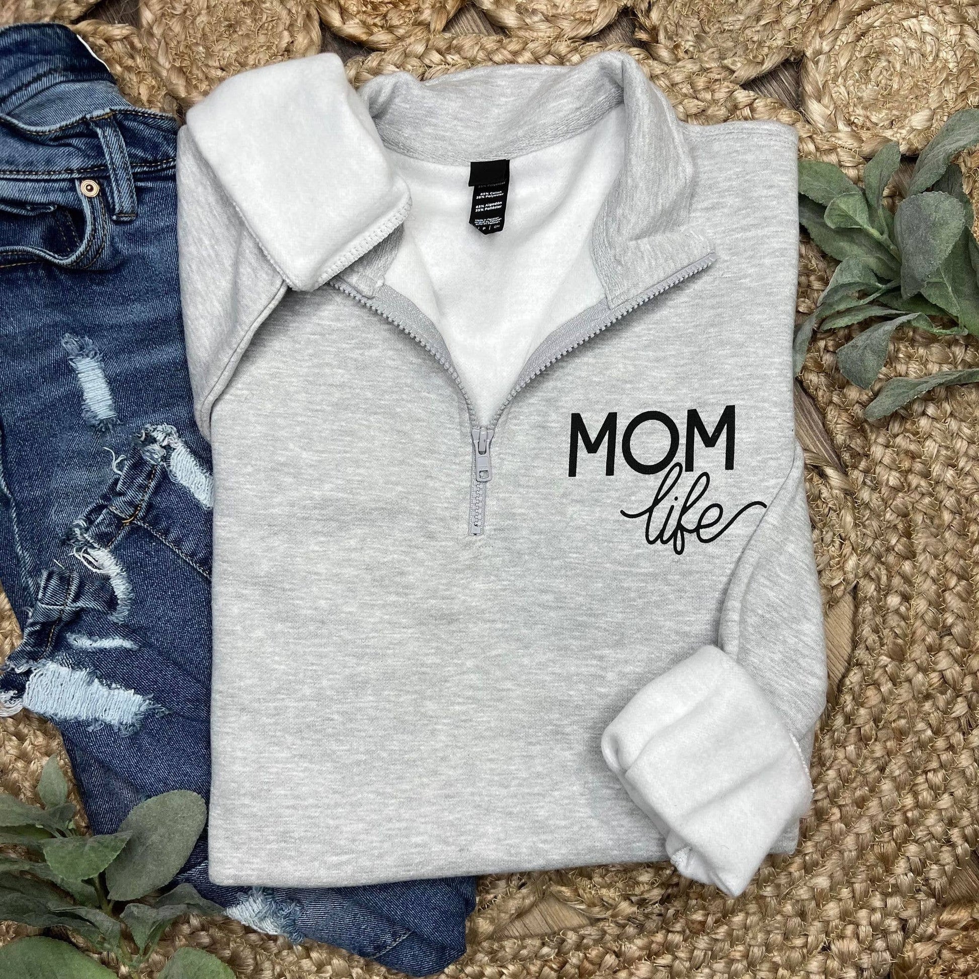 MOM LIFE - 1/4 Zip Sweatshirt w/front pouch pocket:  Light Heather Grey Spring-Summer Lemon Lorraine's LLC