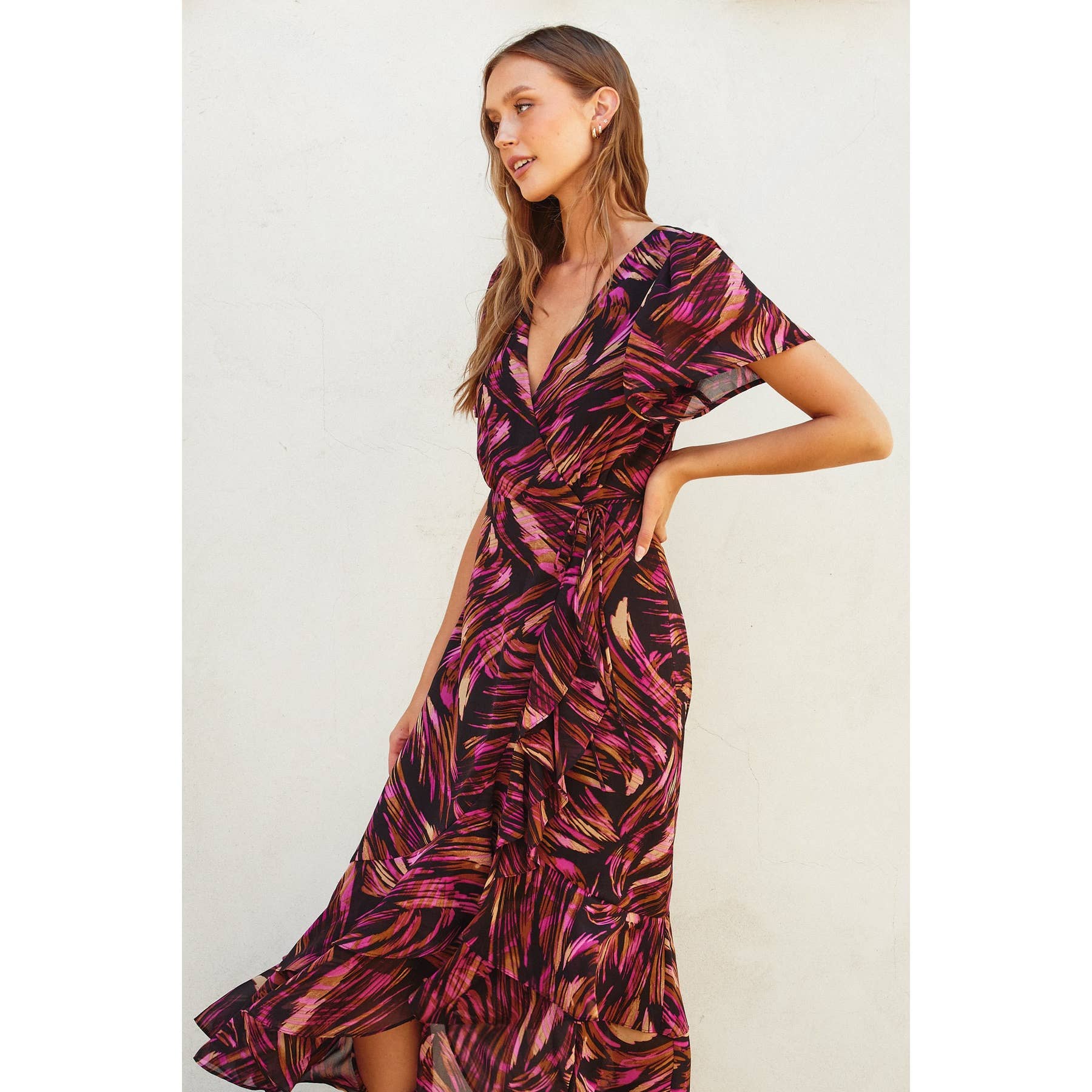 Lights Out Plum Orche Double Ruffled Hem Wrap Dress Dress Forum