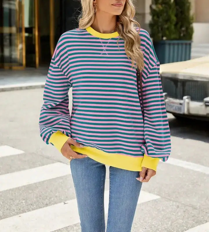 Striped Crew Neck Contrast Color Loose Long Sleeve Sweater