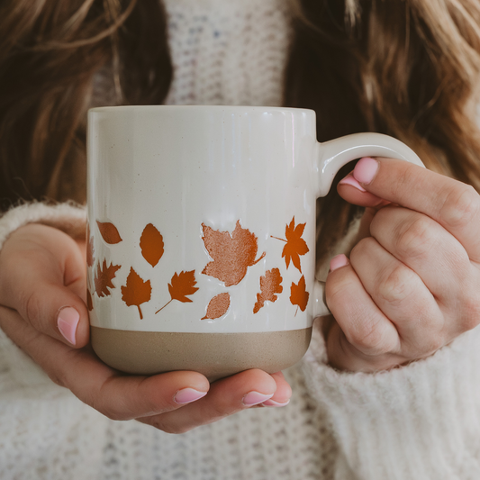 Coffee Mug - Orange Leaves Stoneware | Fall Decor, Autumn Drinkware