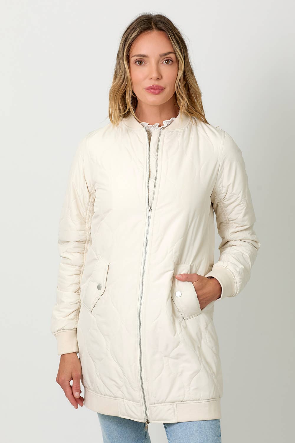 Mystree - 60268 Quilted Long Bomber Jacket Mystree