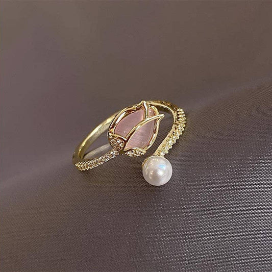 Opal Tulip Flower Pearl Stacking Bypass Ring in Solid Copper Core Perimade & Co. LLC