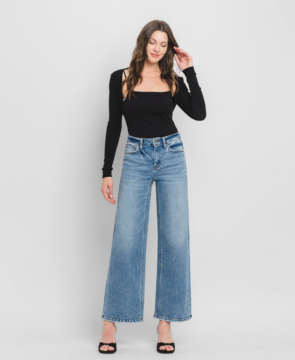 High Rise Wide Leg Jeans - Full Length Comfort Stretch Denim