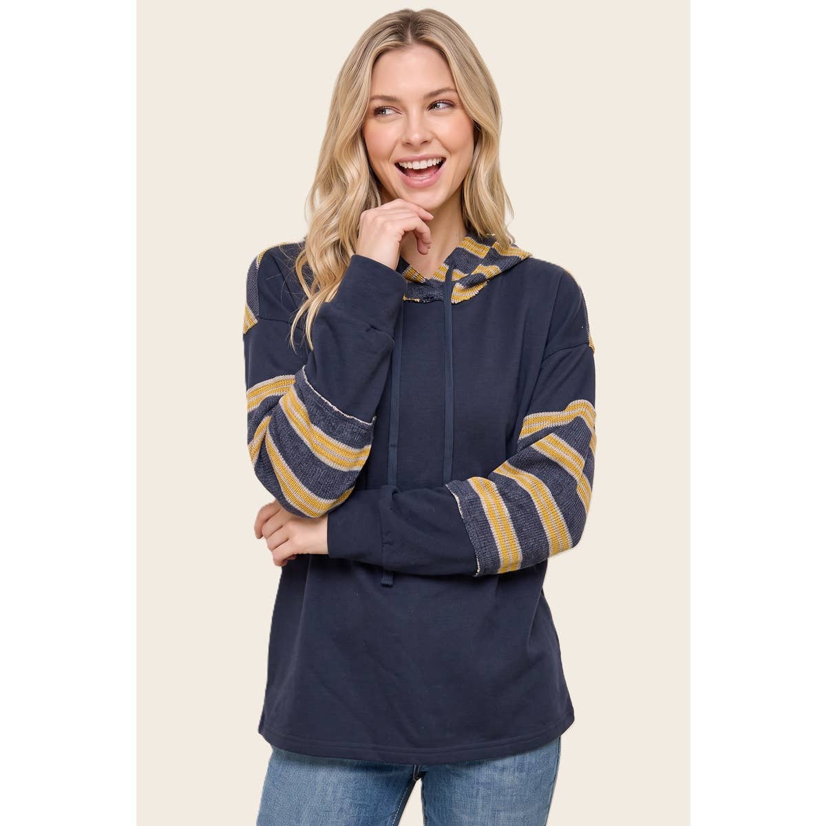 STRIPE MIXED DRAWSTRING HOODIE