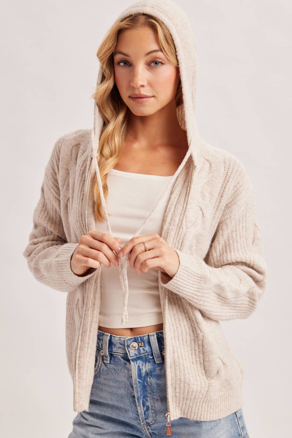 CABLE KNIT SWEATER CARDIGAN WITH HOOD