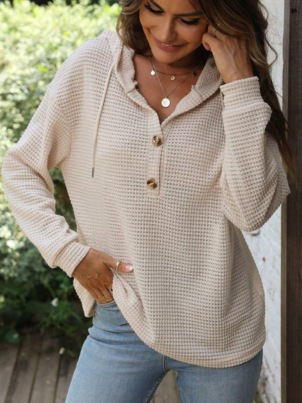 Waffle Knit Hoodie | Solid Color Button-Up Pullover XS–XXL