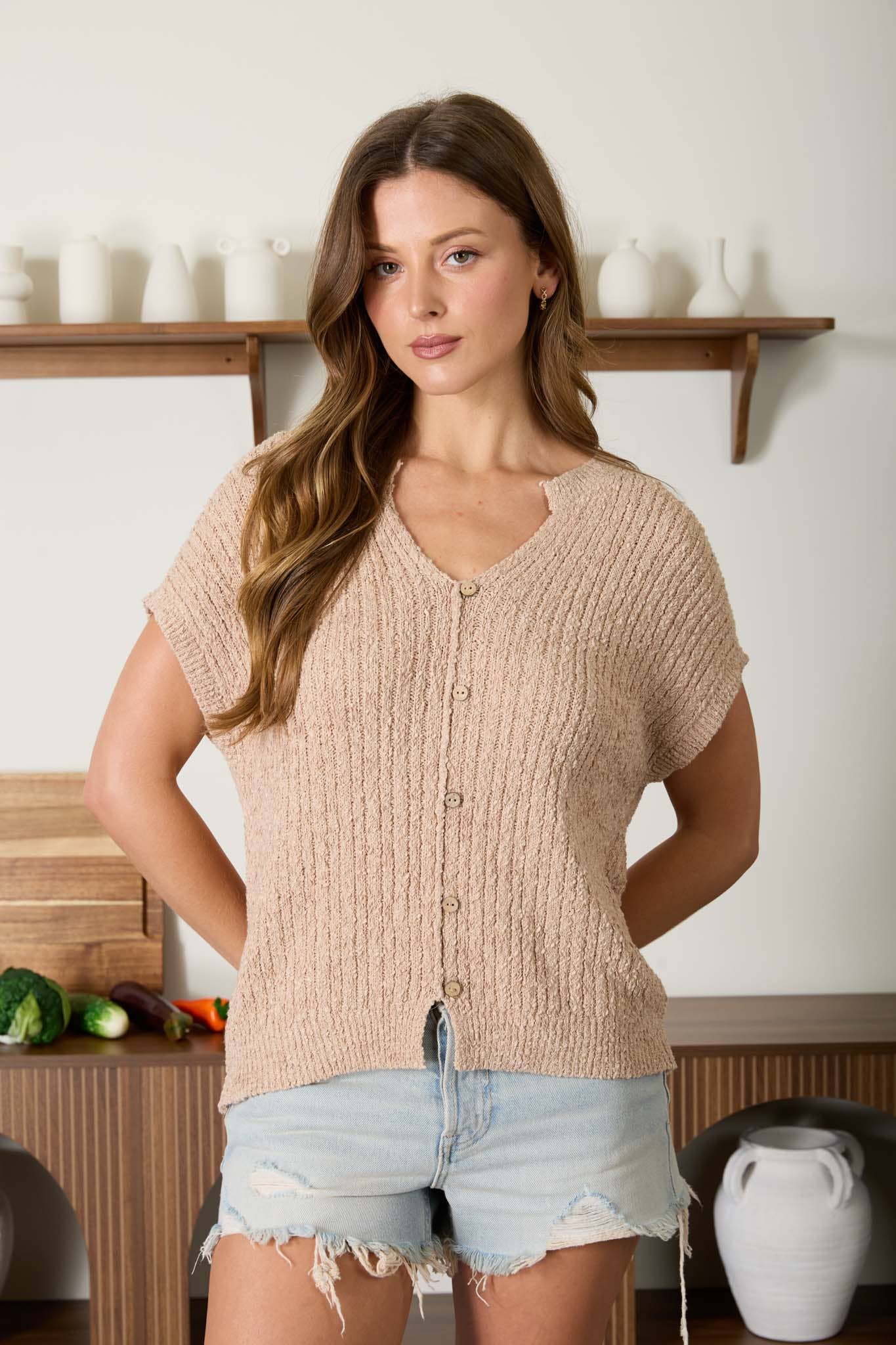 COZY SHORT SLEEVE BUTTON DOWN KNIT SWEATER