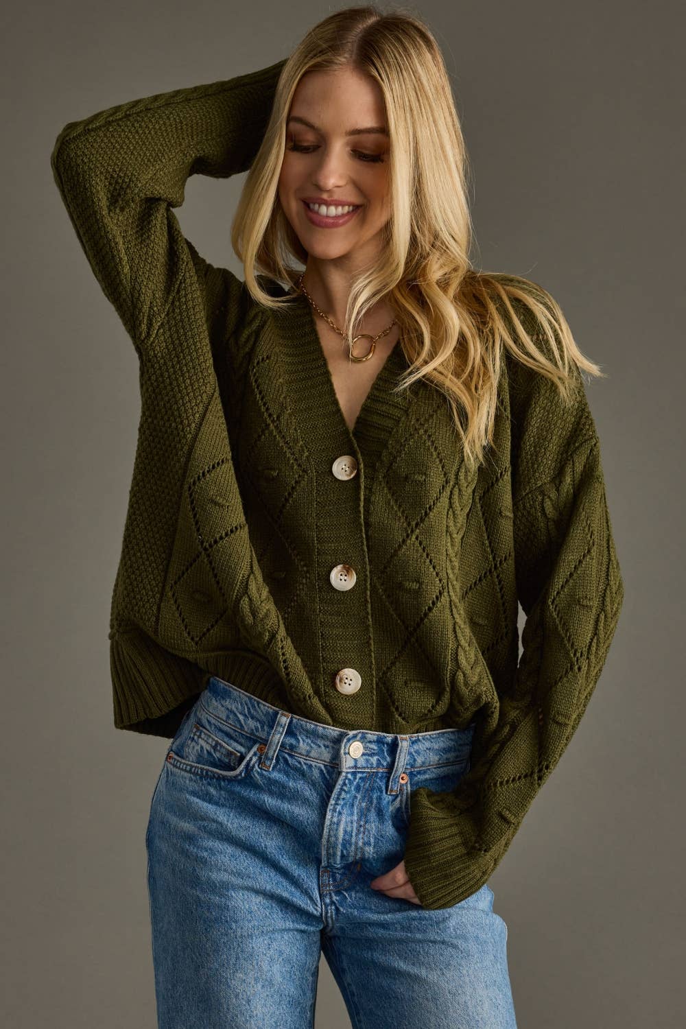 Button Up Cardigan - Olive Knit Cardigan with Front Button Closure