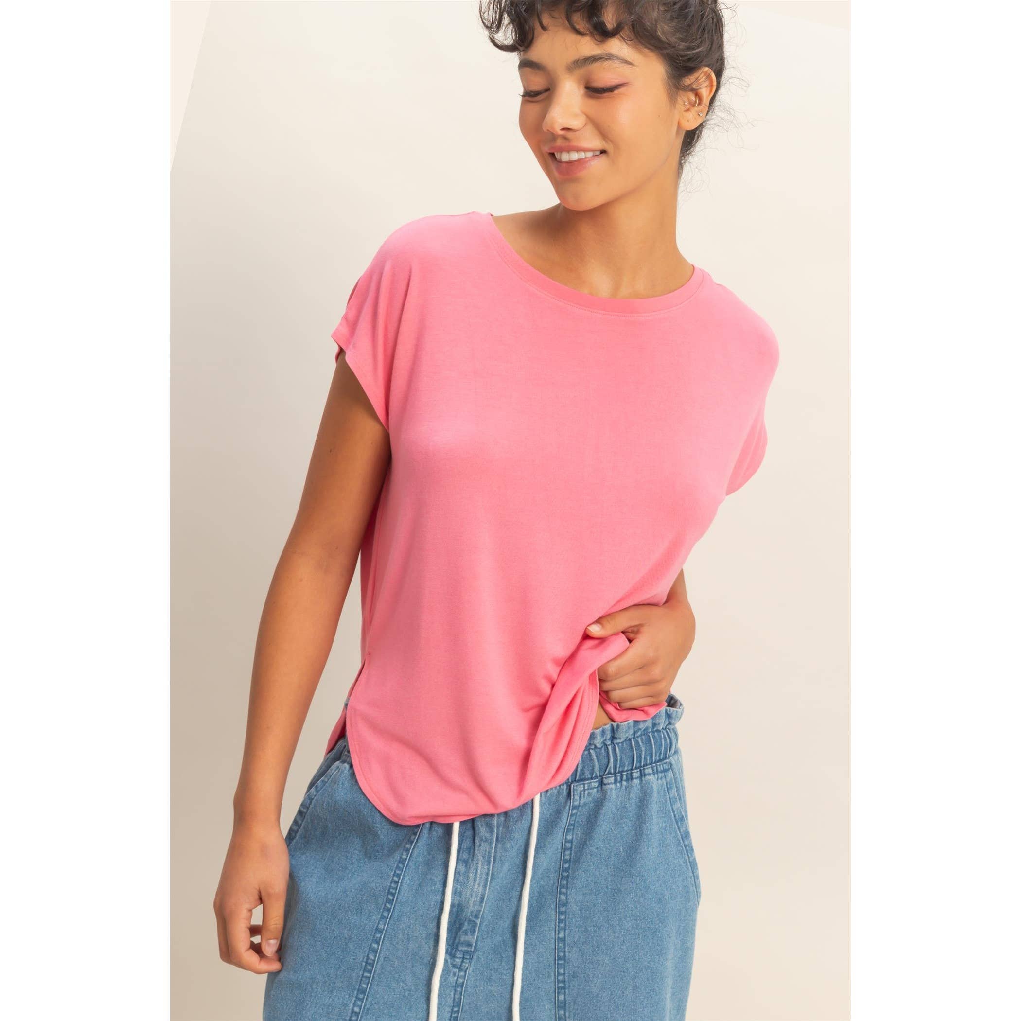 Relaxed Dolman Short Sleeve  Round Neck Top