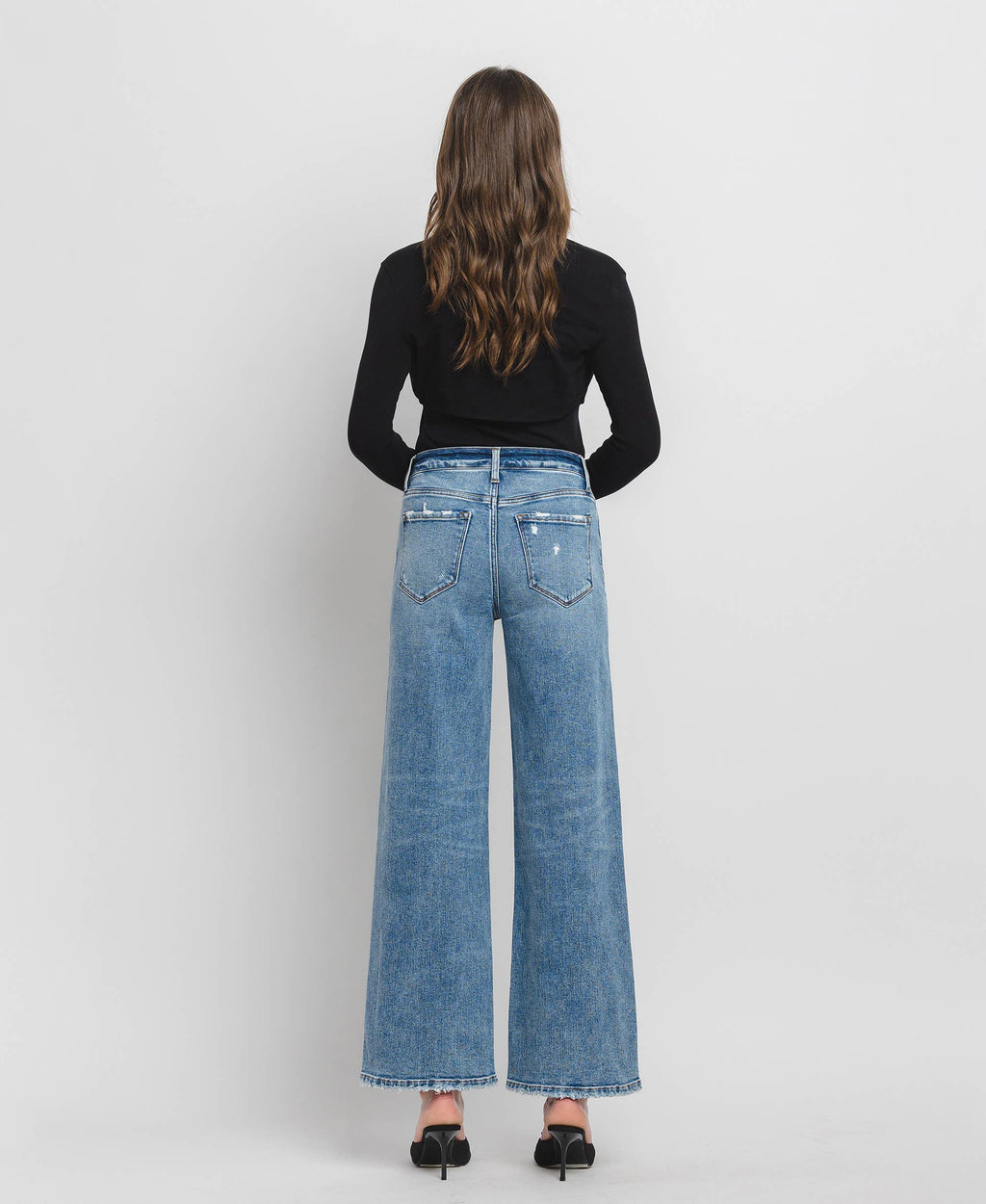 High Rise Wide Leg Jeans - Full Length Comfort Stretch Denim
