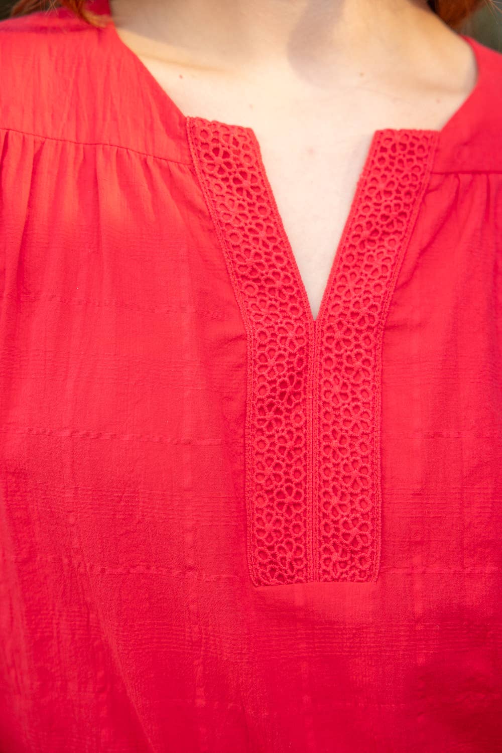 Lace Detailed V Neck Short Sleeve Red Top Spring-Summer VOY