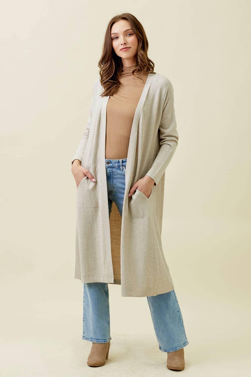 Almond Sweater Open Long Cardigan Fall-Winter Mystree