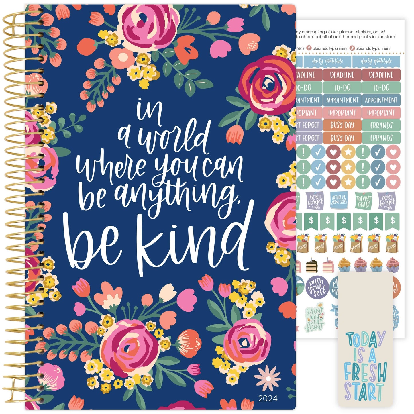 2024 Planner With Calendar Year 5x8 Soft Cover - Design: Be Kind Core bloom daily planners