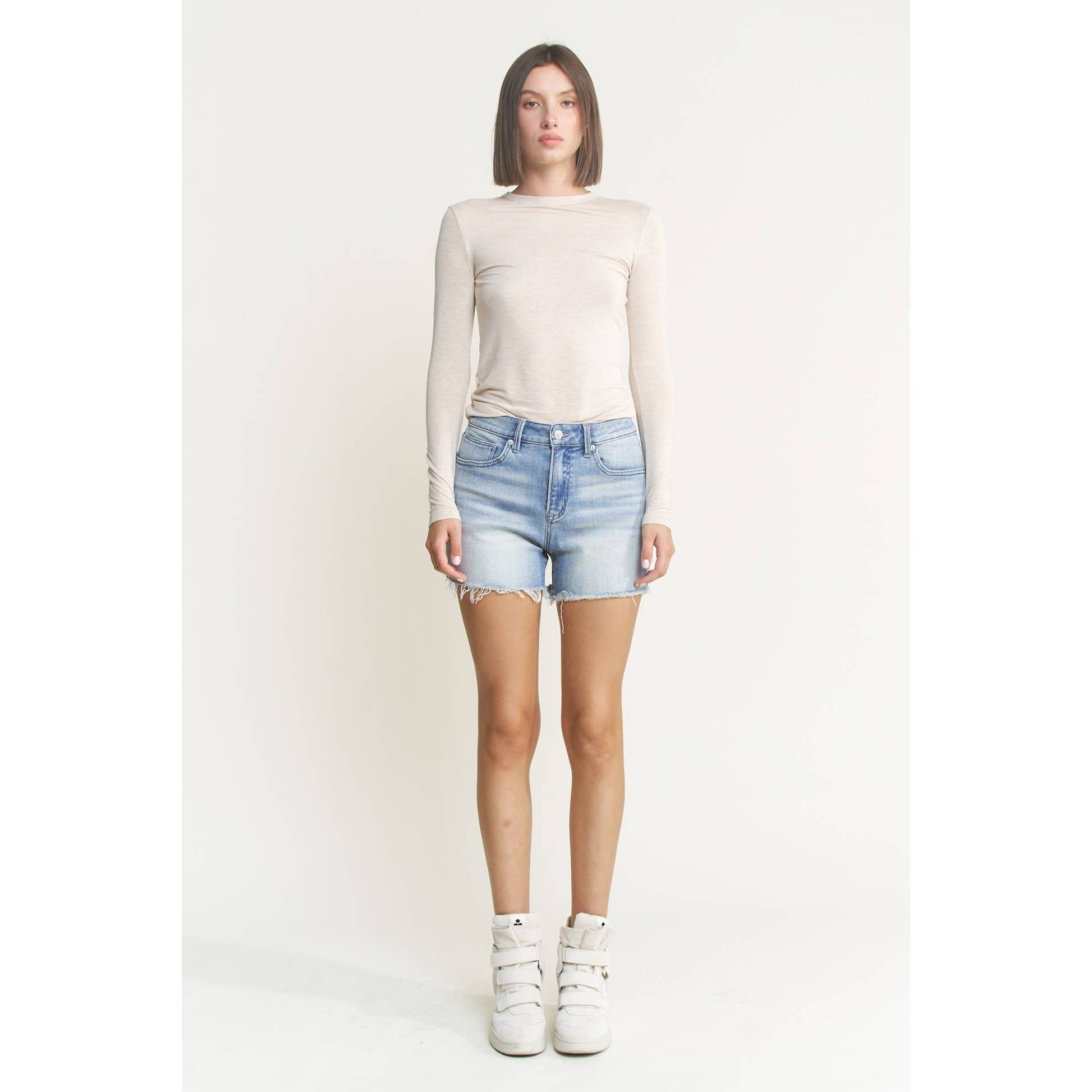 HIGH RISE FRAYED HEM COOL INDIGO SHORTS Mica Denim