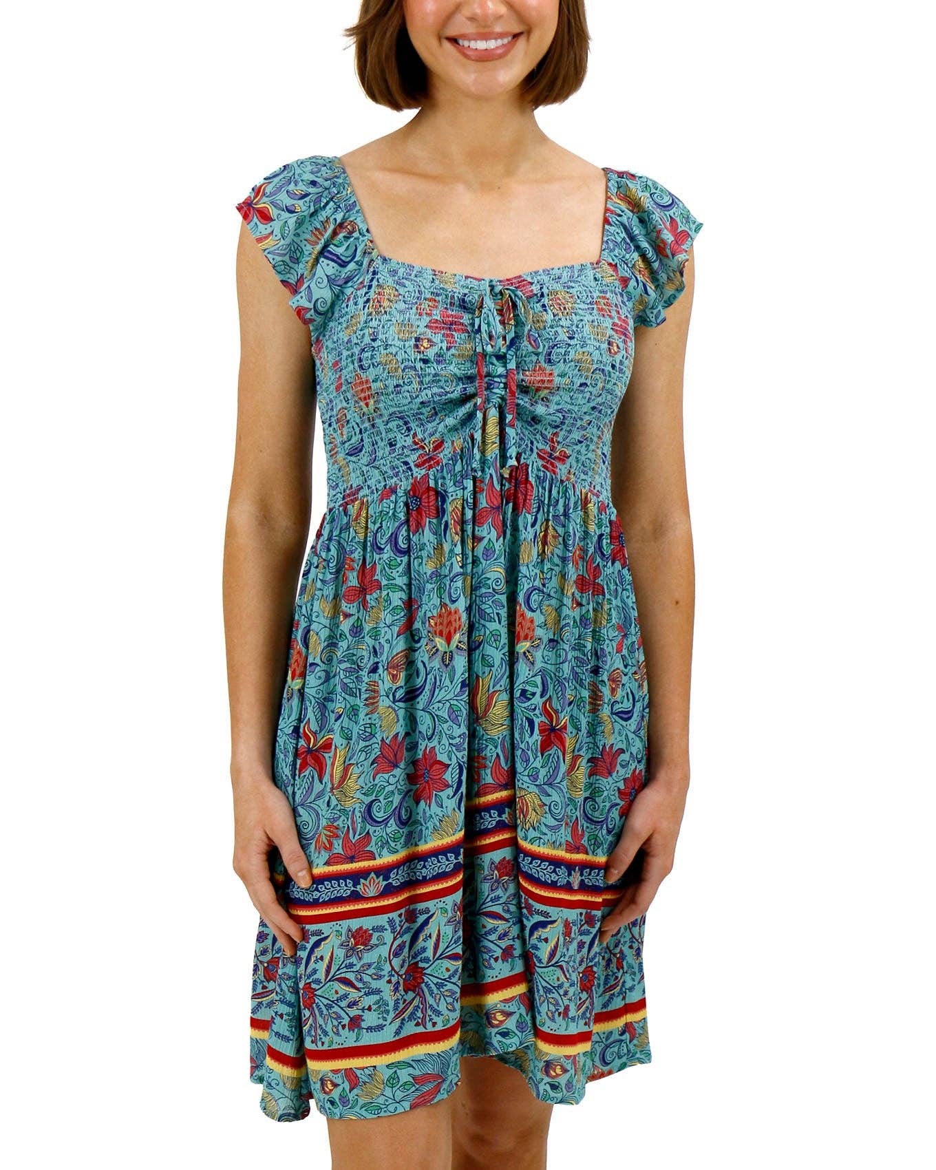 Border Print Smocked Dress in Blue Floral Print Spring-Summer Grace and Lace