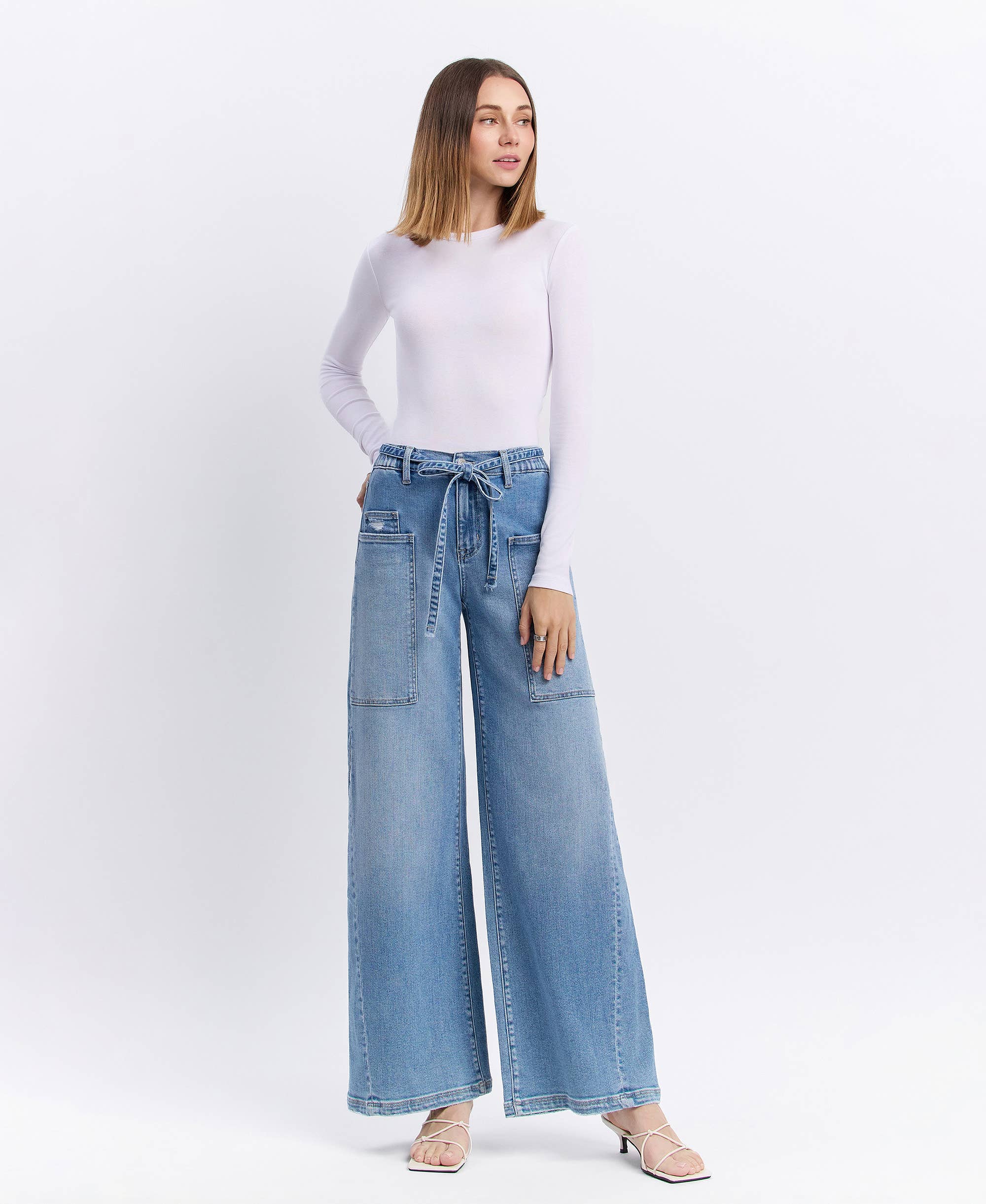 HIGH RISE ELASTIC TIE WAISTBAND BAGGY WIDE JEANS