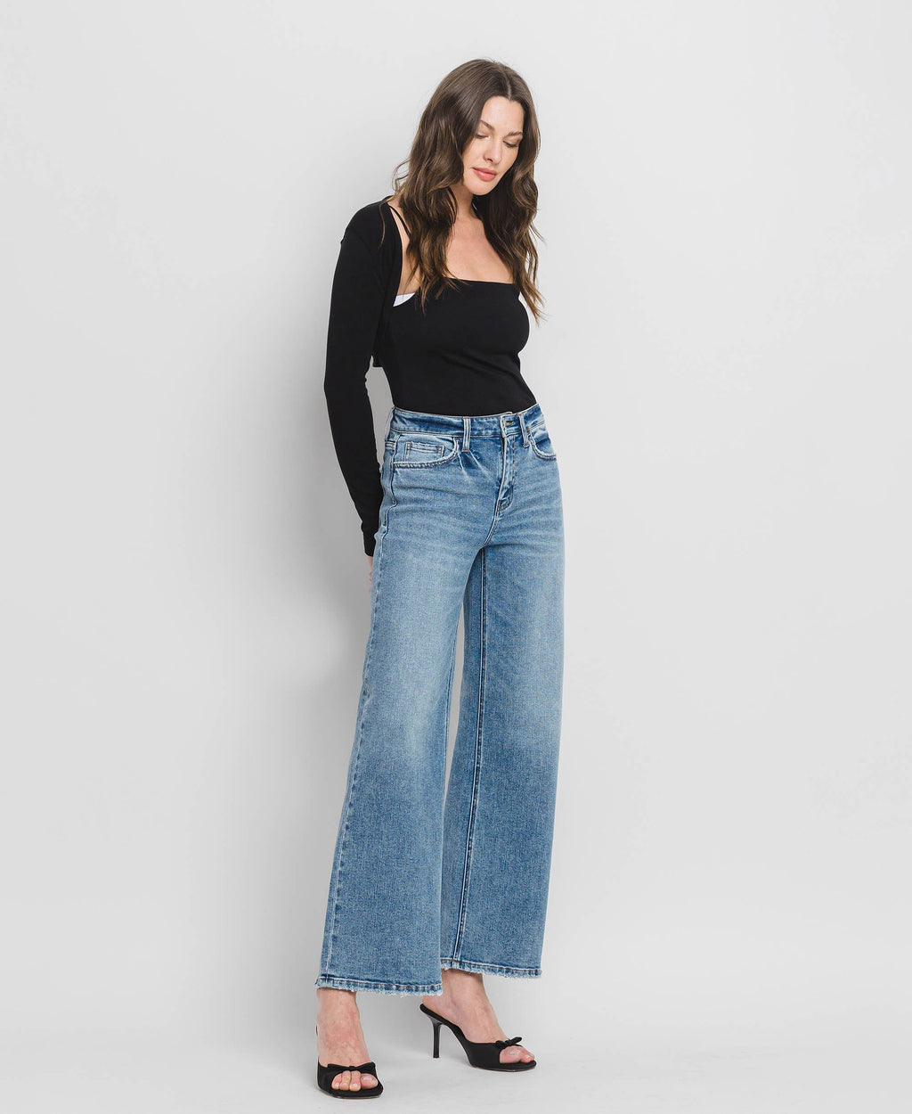 High Rise Wide Leg Jeans - Full Length Comfort Stretch Denim
