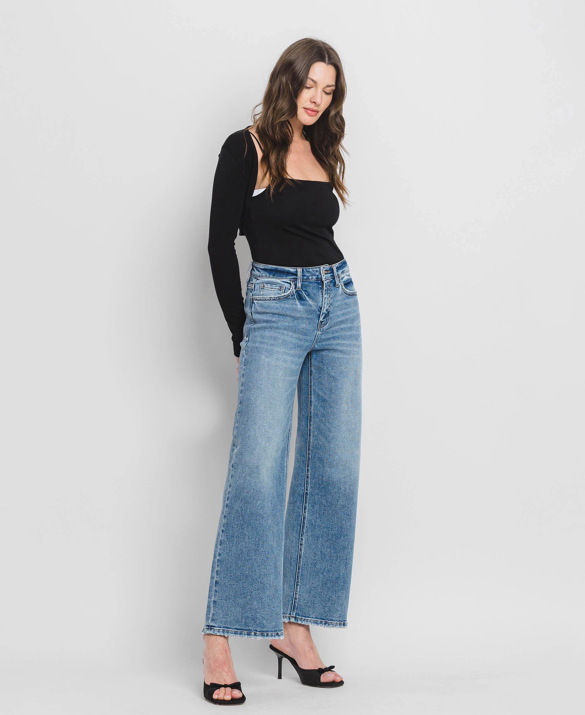 High Rise Wide Leg Jeans - Full Length Comfort Stretch Denim