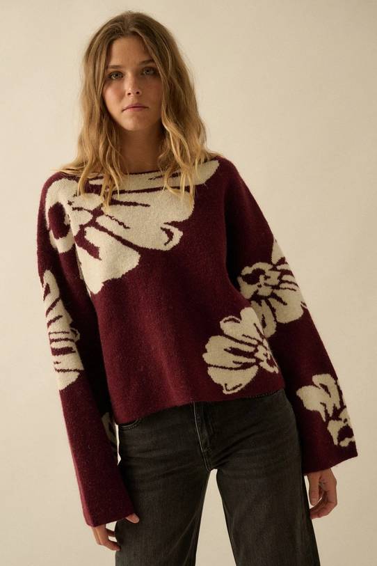 Burgundy Contrasting Floral Print Sweater