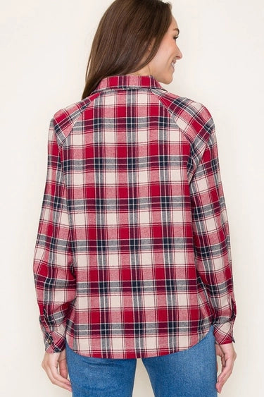 Scarlet Button Down Plaid Shirt with Double Chest Pockets Fall-Winter Staccato