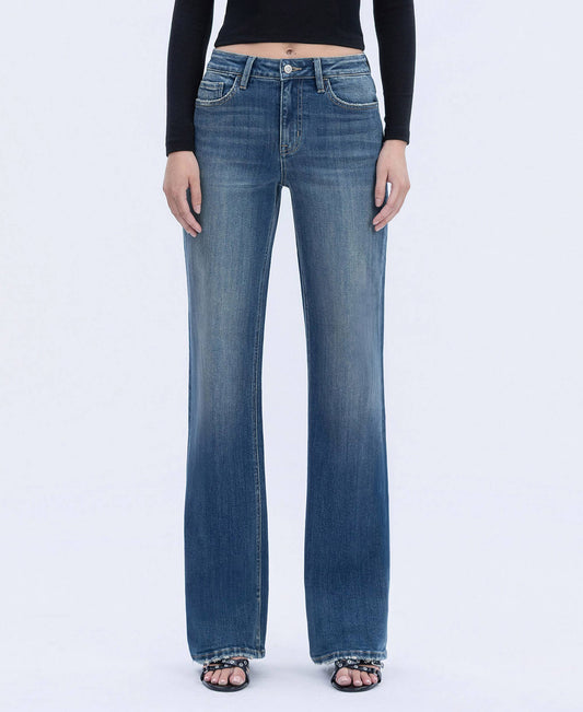 High rise full length vintage flare jeans in stretch denim with finished hem