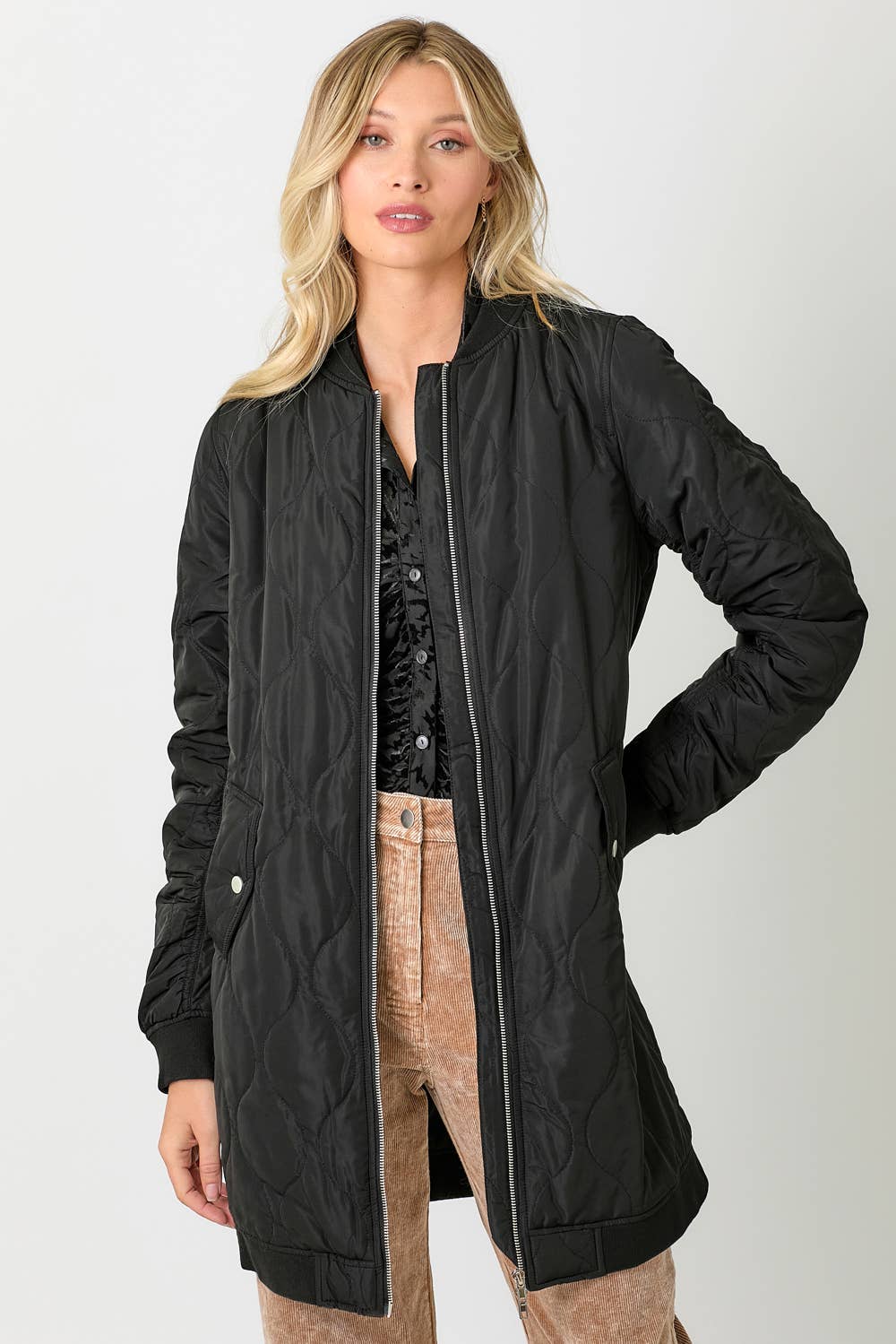 Mystree - 60268 Quilted Long Bomber Jacket Mystree