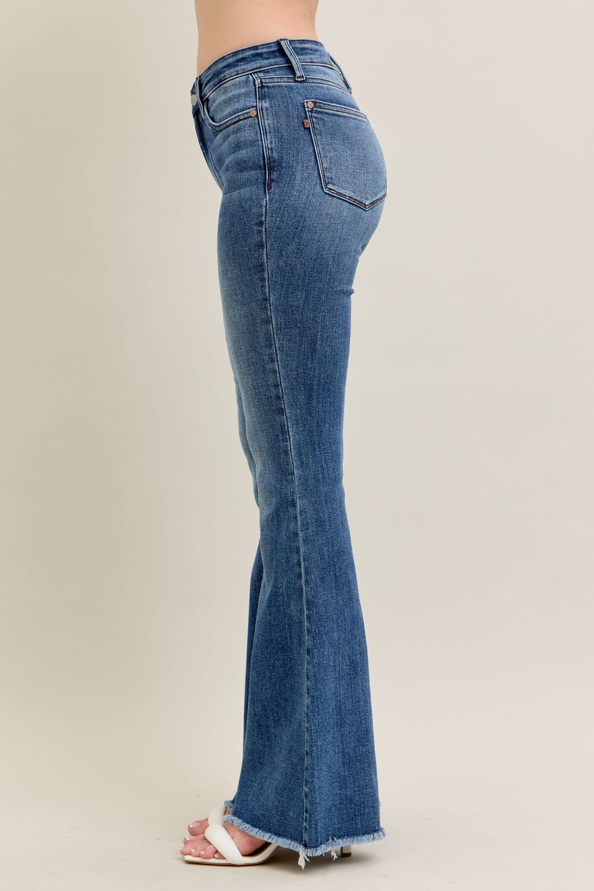 Mid Rise Vintage Wash Flare w/ Distressed and Fray Hem