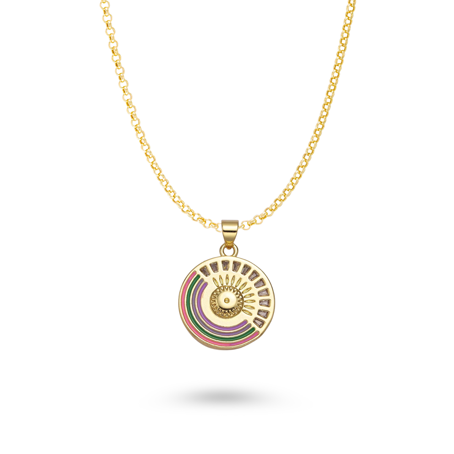 Gold Rainbow Medallion Pendant Round Disc Celestial Necklace Core Lani Lane Boutique