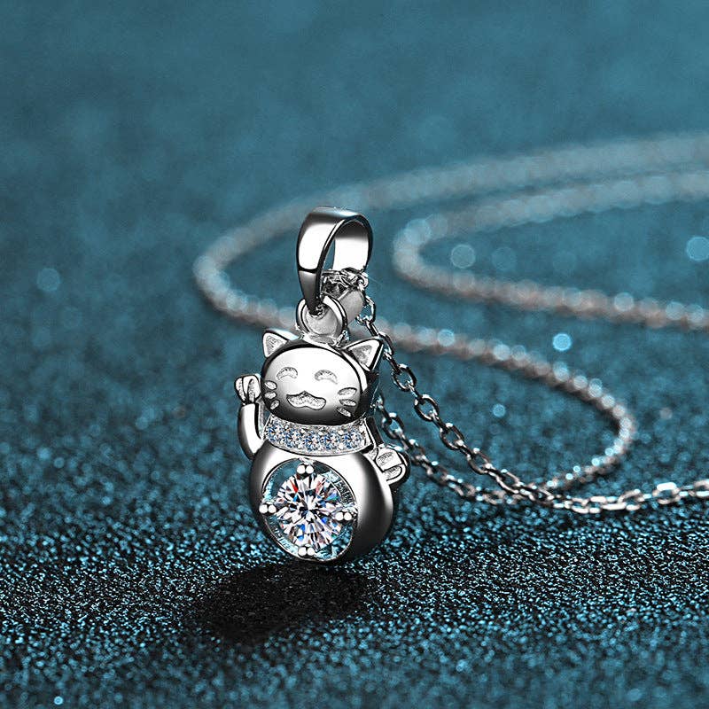 Moissanite Lucky Cat Wedding Necklace in 925 Sterling Silver Core Perimade & Co. LLC
