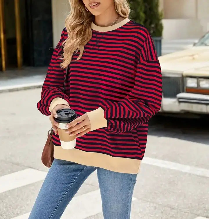 Striped Crew Neck Contrast Color Loose Long Sleeve Sweater